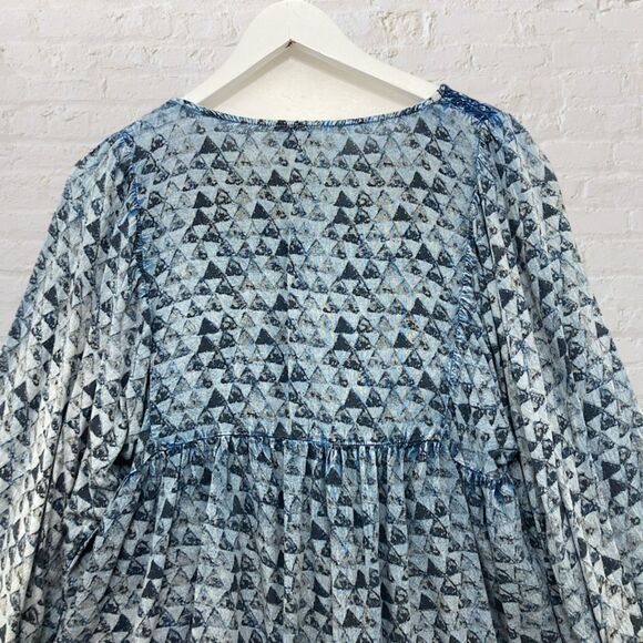 Sigrid Olsen Peasant Top M Blue Embroidered Tassel Tie Neck Balloon Sleeve - Picture 6 of 14